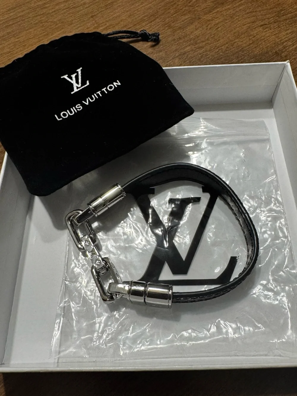 LV Half Black Leather Monogram & Half Silver Monogram Chain Bracelet